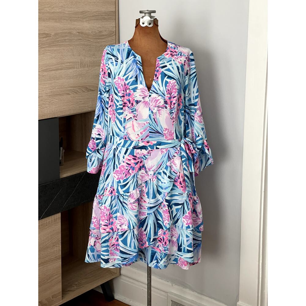 Lilly Pulitzer Size M Laeda Dress Blue Pink Mini Stretch Wedding Cocktail Ruffle - Picture 2 of 16